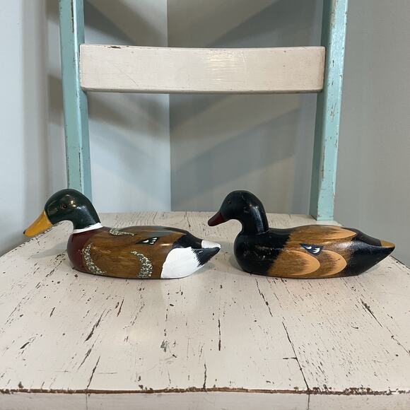 Antique Wood Carved Hand Painted Ducks 8 Inch Lot Of 2 Vtg Hunting Old Mallard - Picture 6 of 8